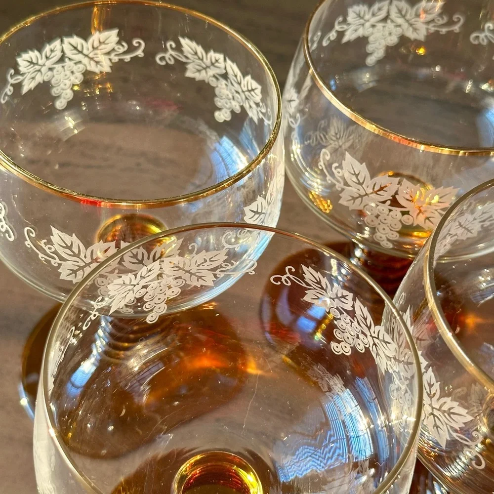 4 Vintage Etched Wine Goblets Amber Stems European Floral Glassware Set
